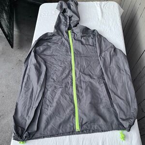 Beautiful Grey Lightweight Hooded Windbreaker Jacket Neon Lime Zipper Drawstring